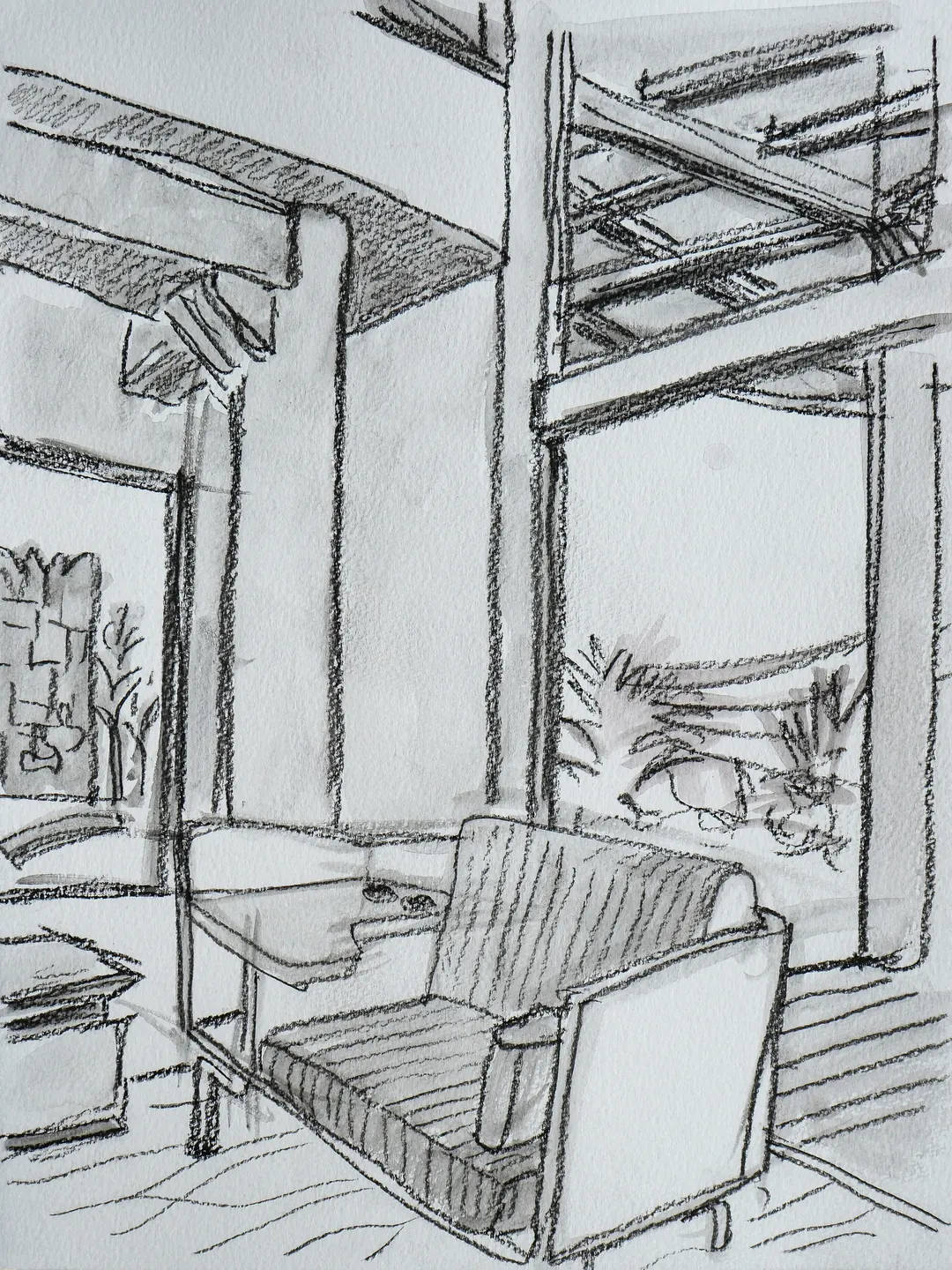 Hiren Patel's ink sketch of a verandah with chairs and a table.