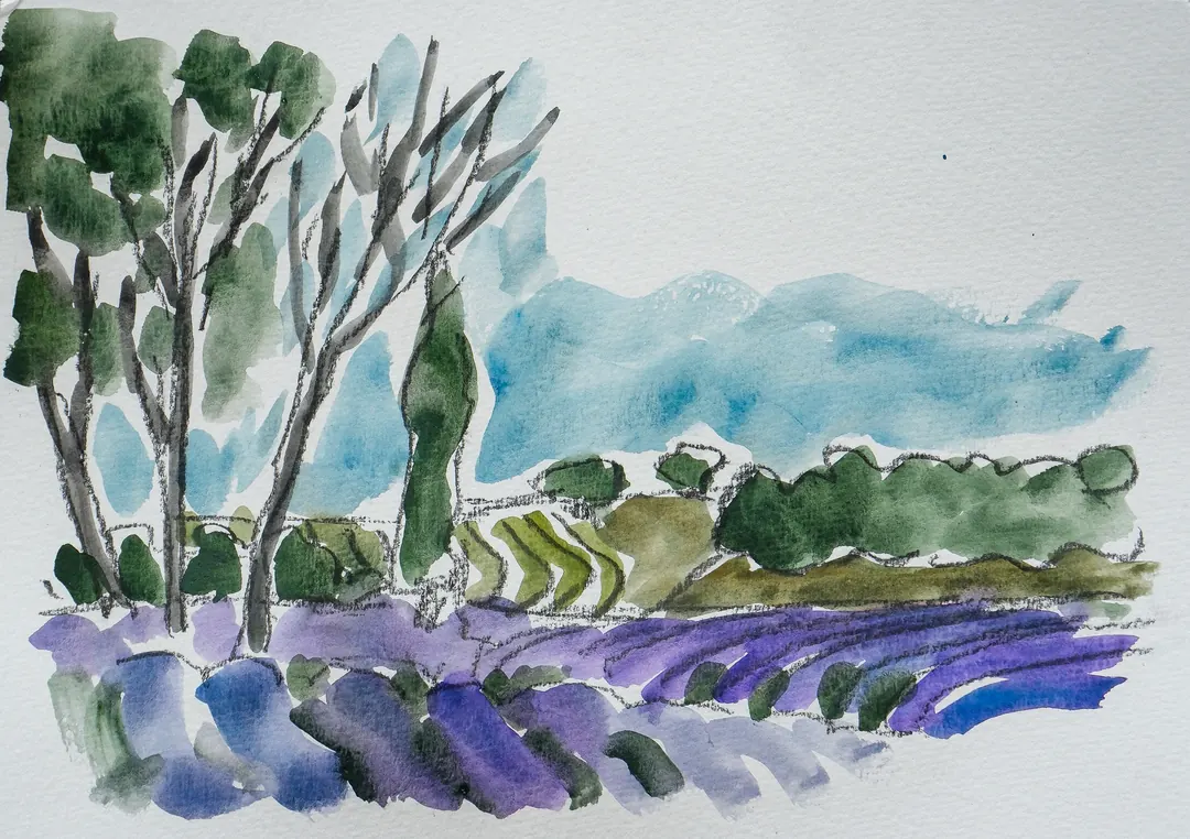Hiren Patel's watercolour of trees above a purple field.