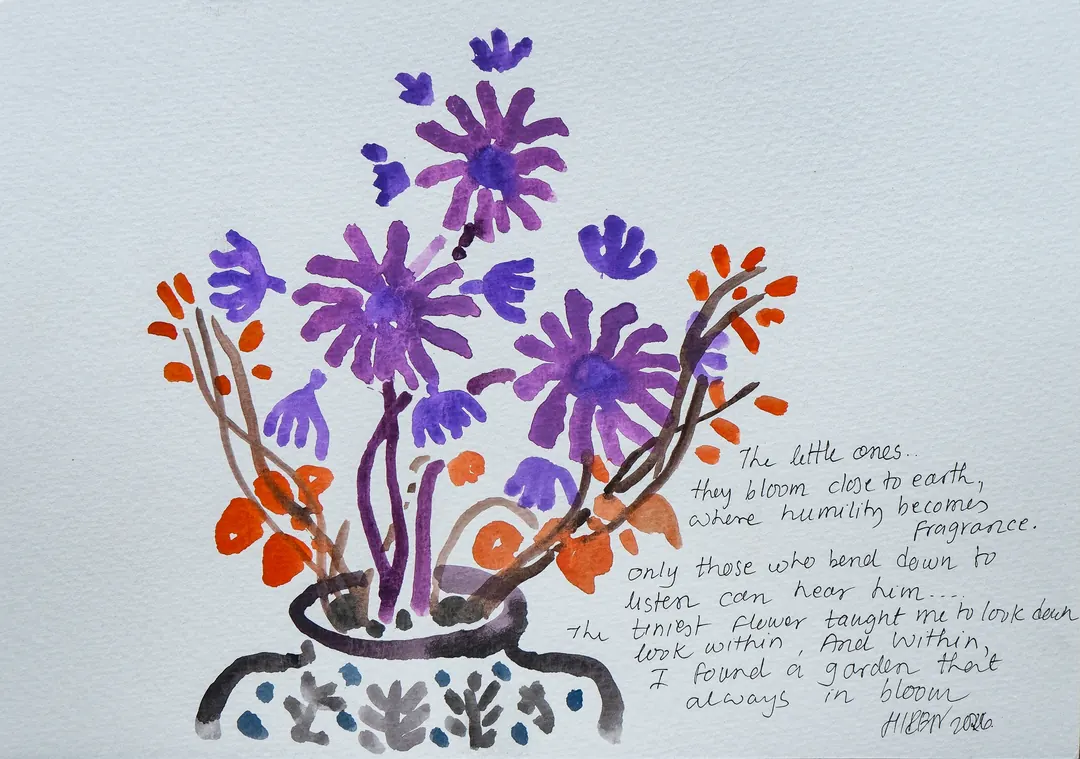 Hiren Patel's watercolour of flowers in a vase, with handwritten notes.