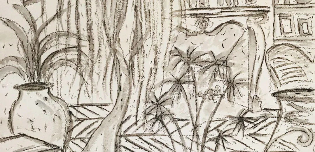 Line sketch of a verandah with plants and furniture.