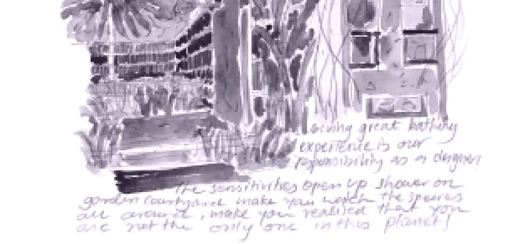 Ink and wash sketch of a garden with handwritten notes.