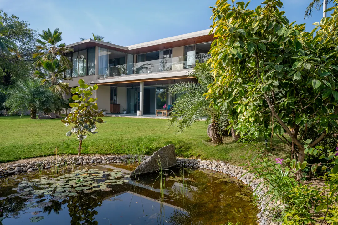 A lily pond at the edge of the lawn, the house behind.