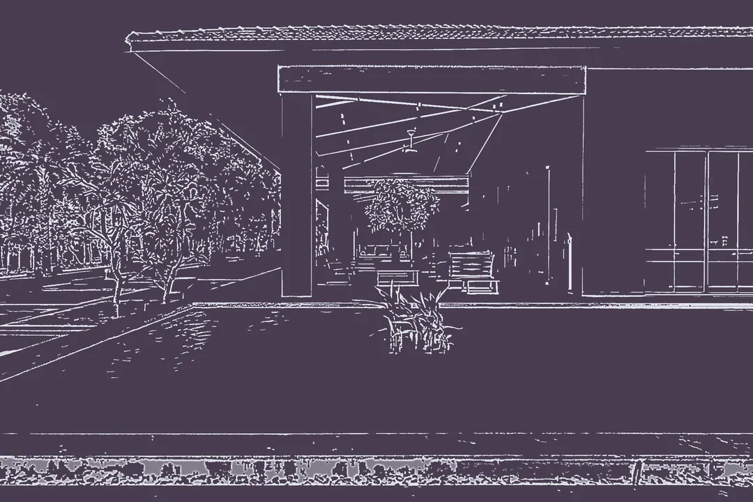 A line drawing of a living pavilion beside a pool.