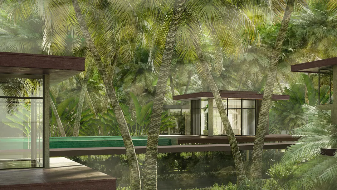 Design visualisation: raised homes and a pool among palms at Museum of Dreams.