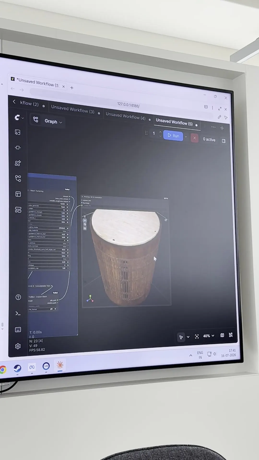 A photograph of a stool becoming a 3D object on the studio screen.
