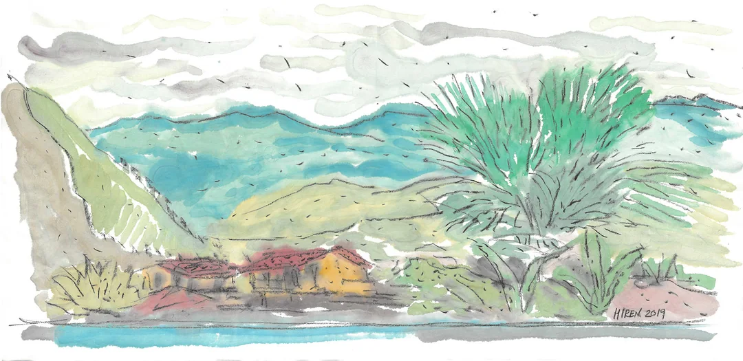 Hiren Patel's watercolour of a lake, hills, trees and a red-roofed house, 2019.