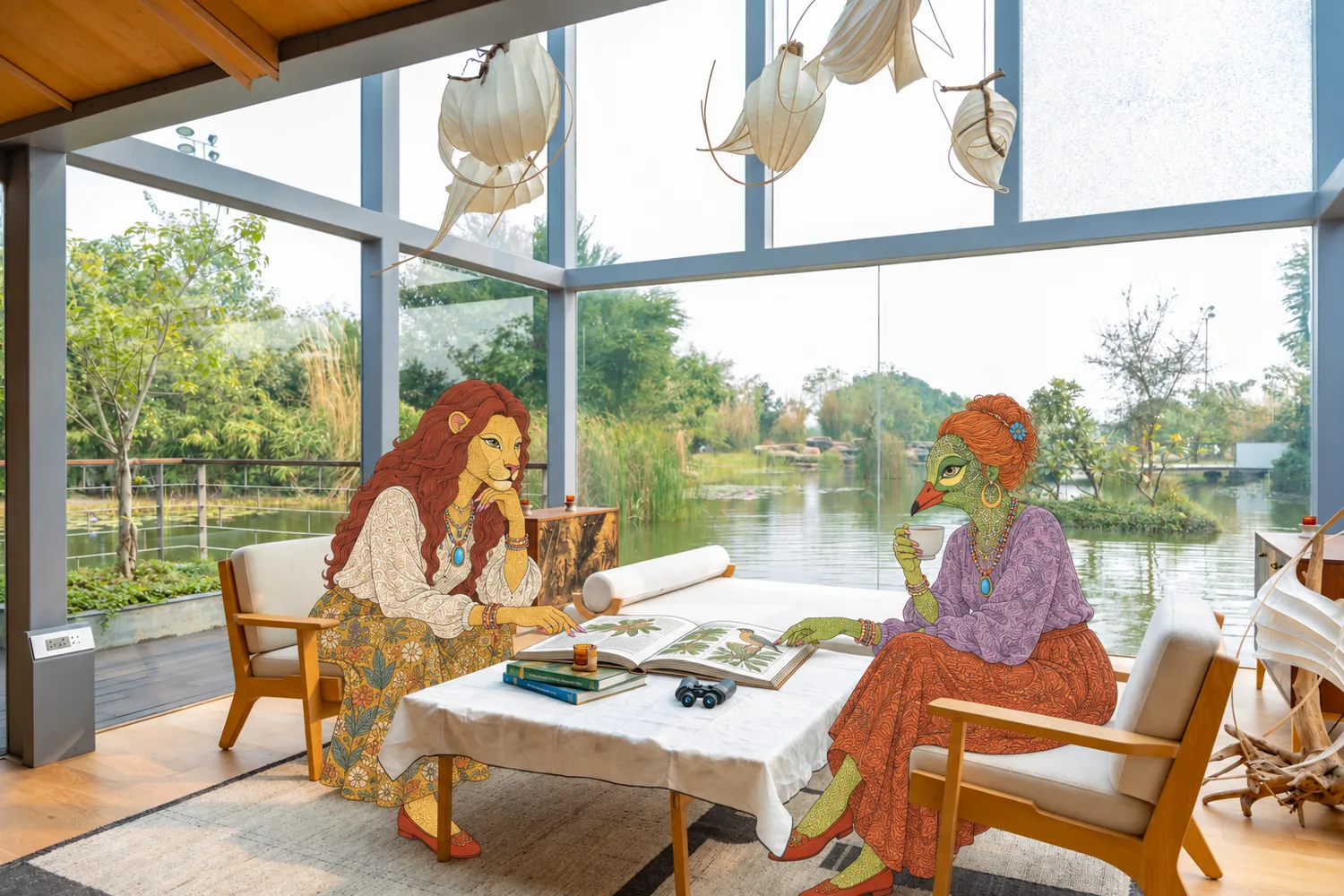 A painted lioness and fox at the pavilion table