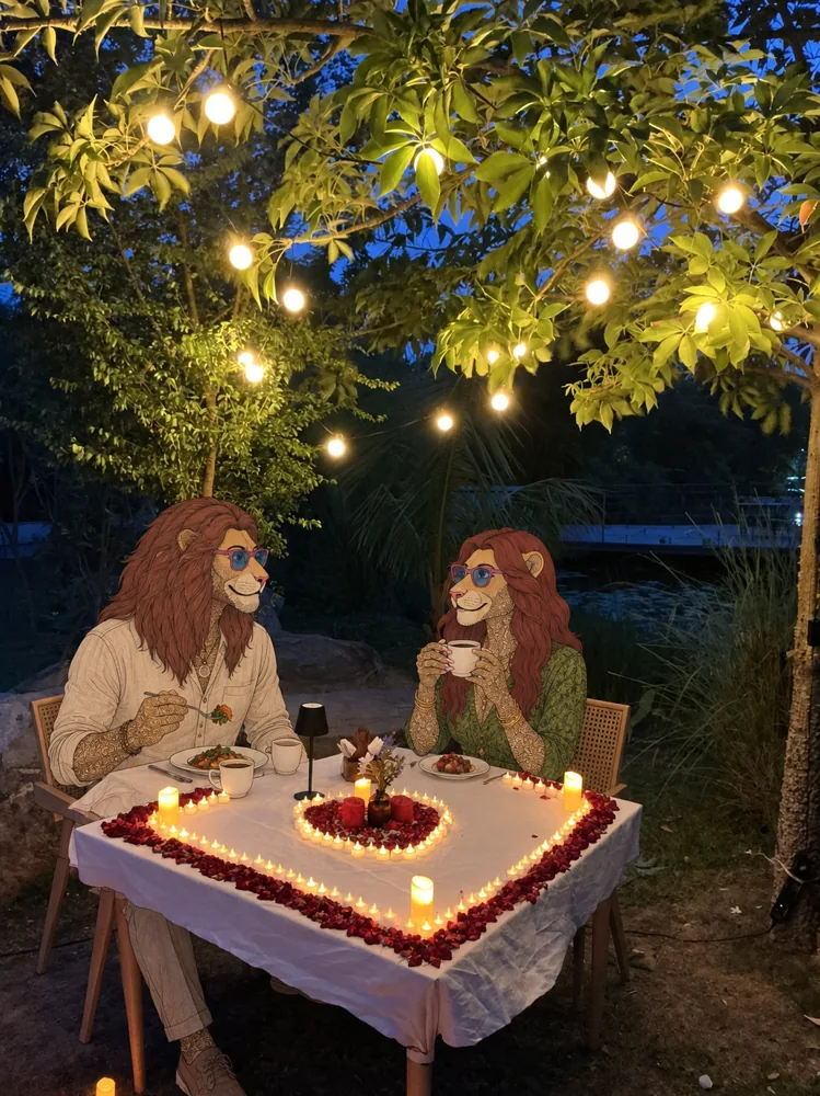 A painted lion couple at the candlelit dinner table