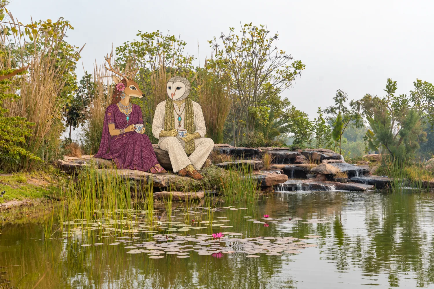 A painted deer and owl sitting on the rocks by the waterfall pond
