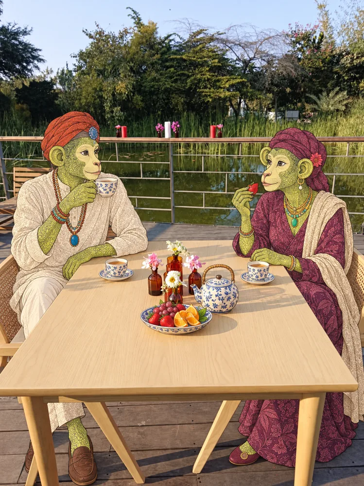 A painted monkey couple having tea on the deck