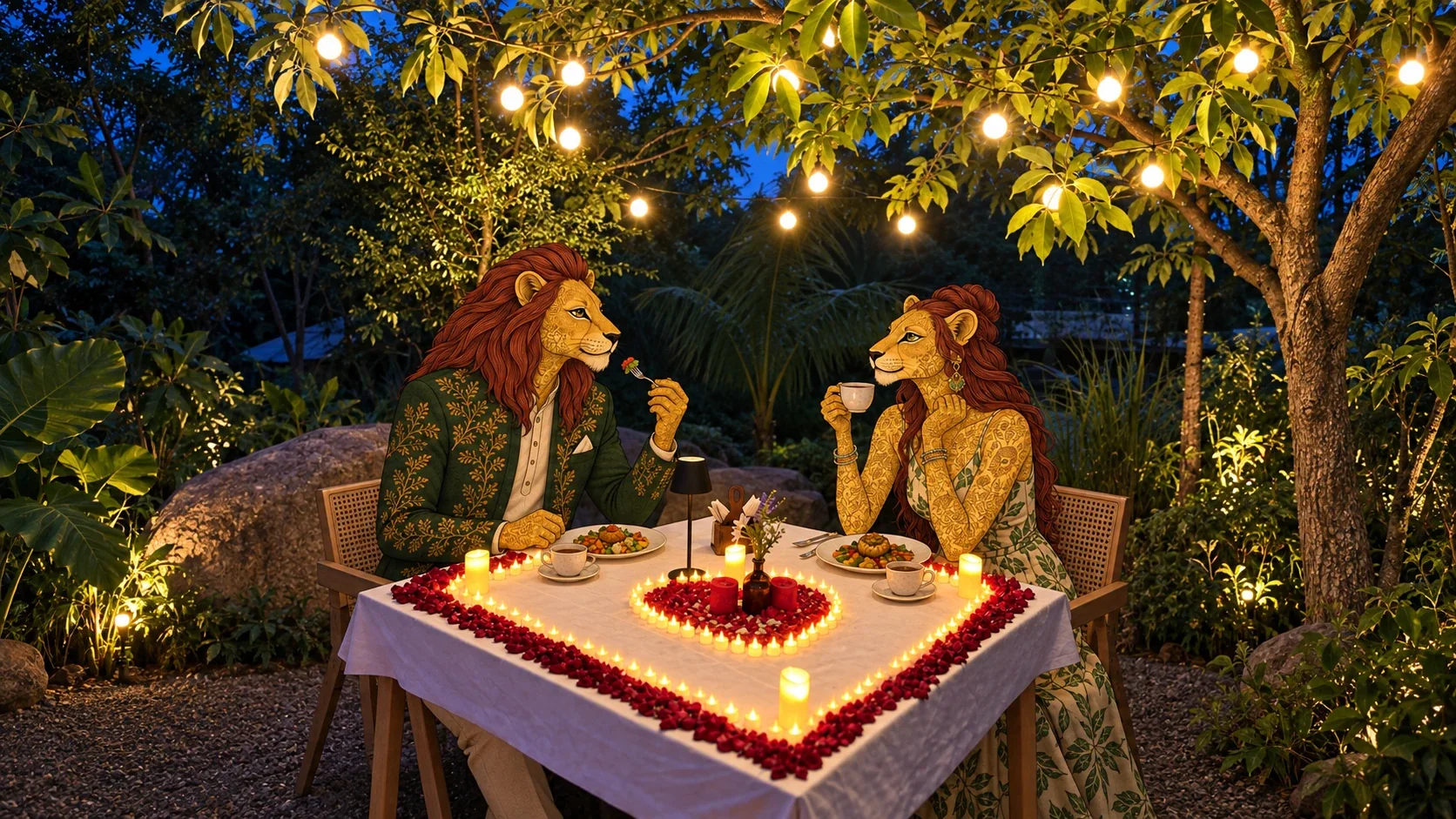 Two painted lion guests at the candlelit garden table under the string lights at Monkey Forest