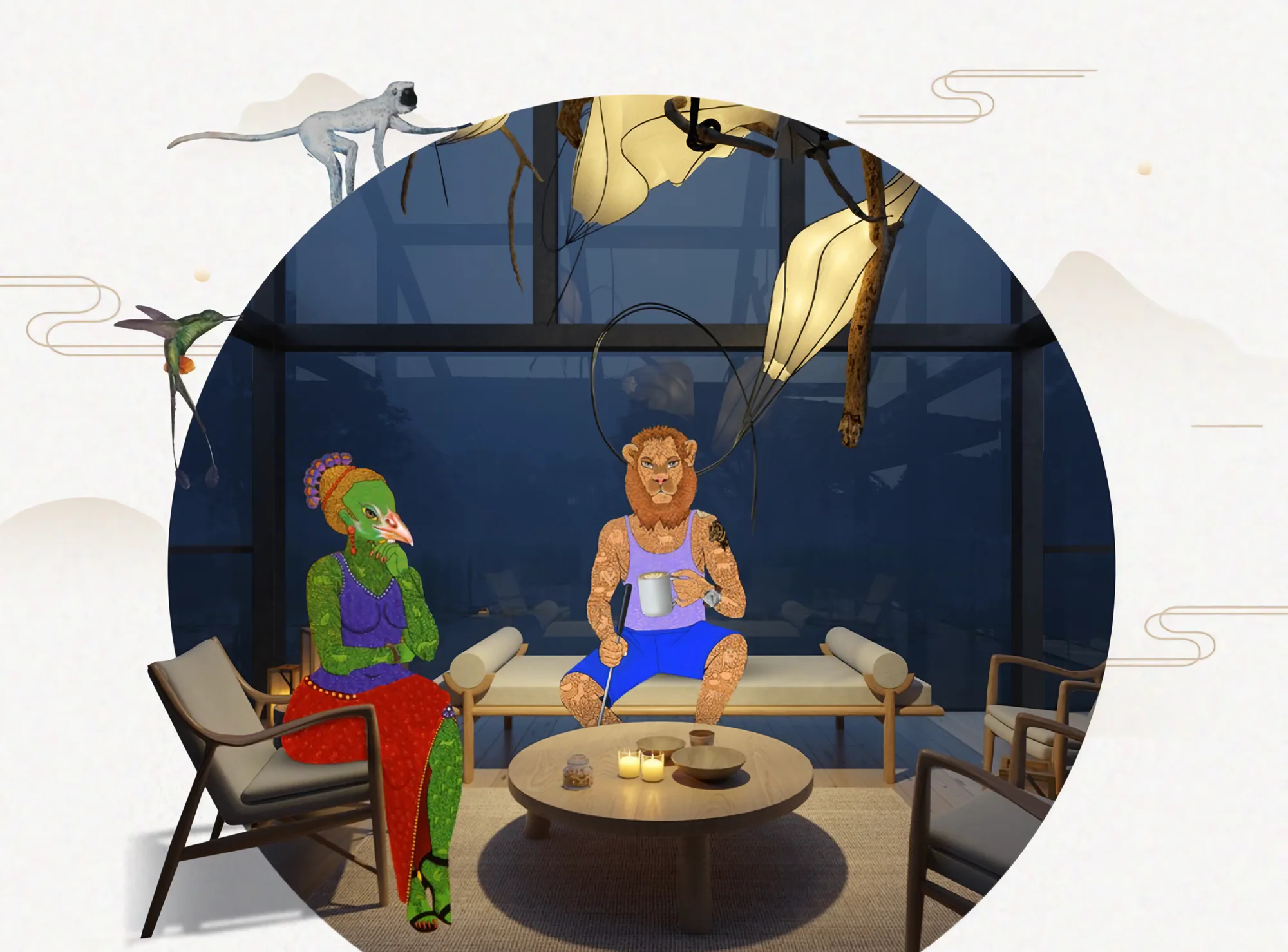 Inside a round night window, a lion headed guest with a mug and a bird headed guest sit around a low table with candles under paper lanterns; a langur walks along the top