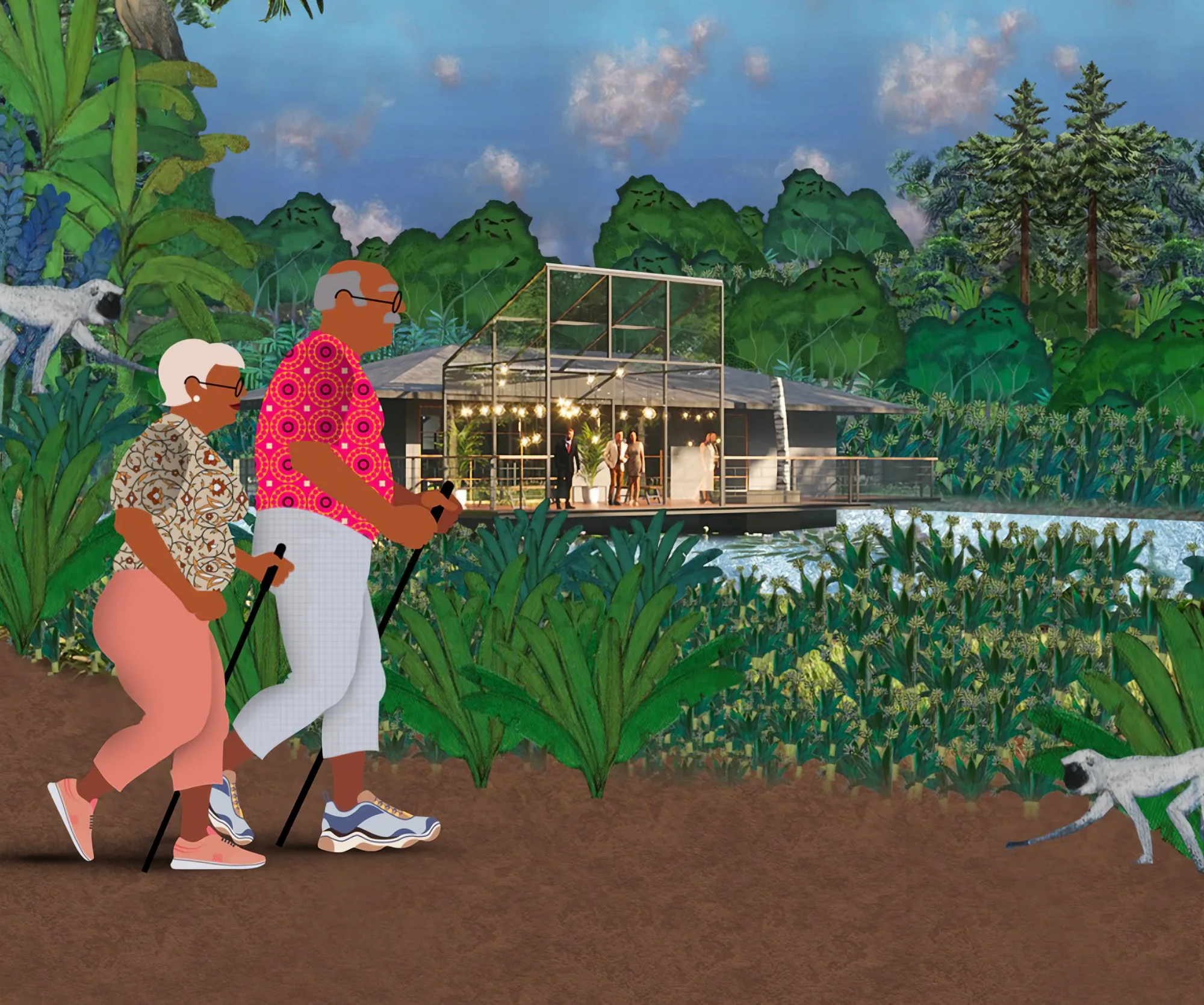 An older couple stride along a forest path with walking poles, a langur watching, the glass pavilion lit across the water
