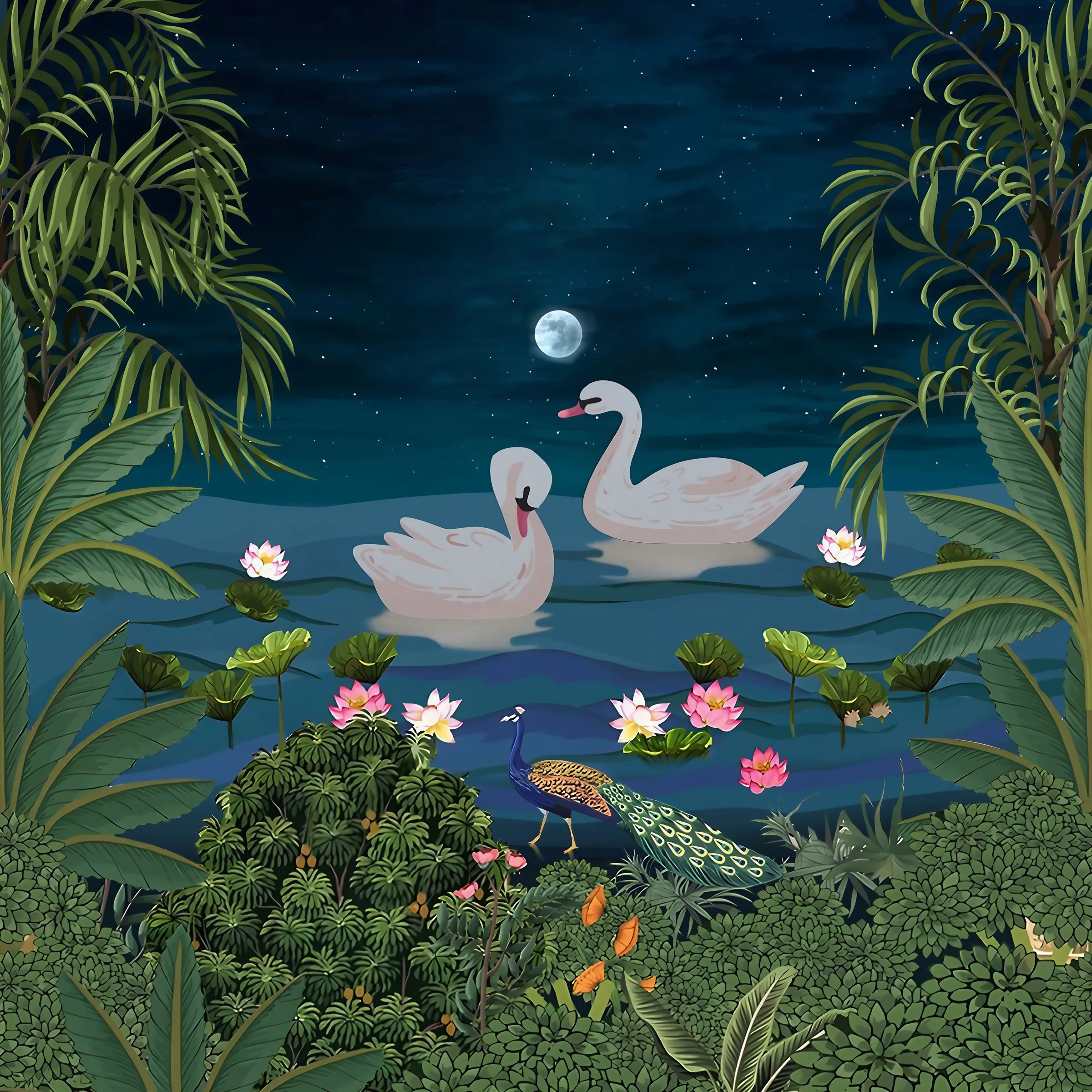 Two white swans glide on a night lake under a full moon, lotus in bloom around them, a peacock on the near bank, palms framing the scene