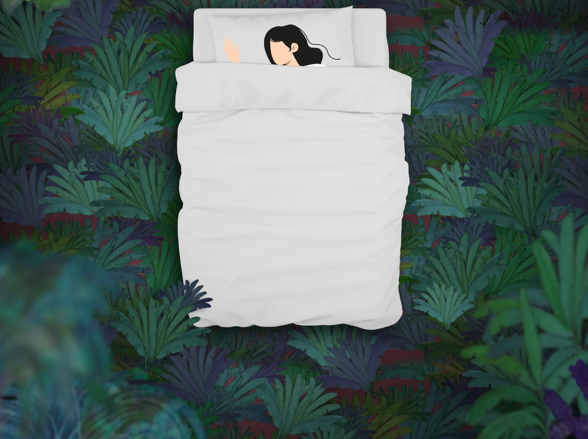 Seen from above, a white bed floats on a floor of dark jungle leaves, a sleeper's black hair on the pillow