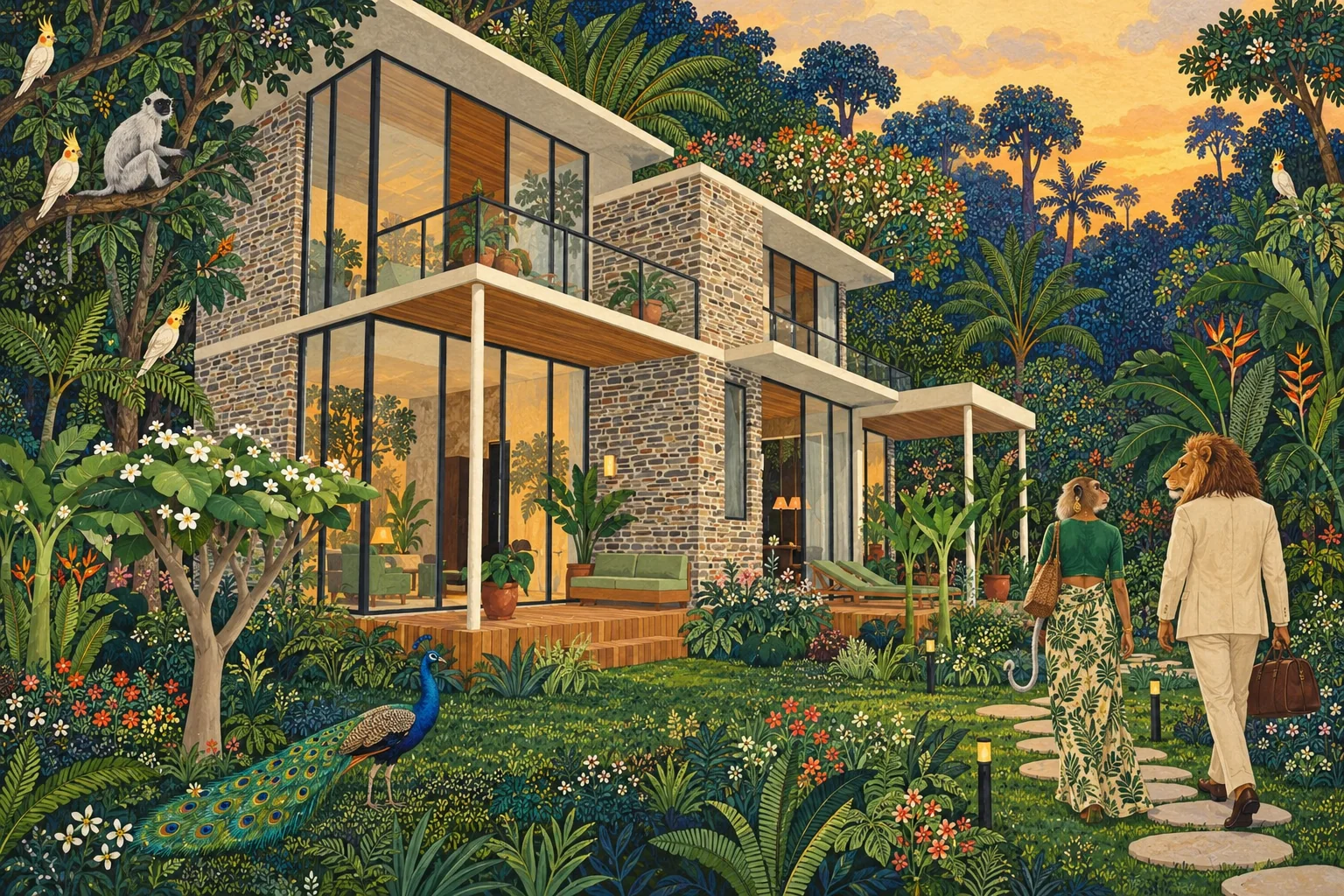 A painted scene: two guests walk the stepping stones through the garden to the villa in late afternoon light, a peacock on the lawn