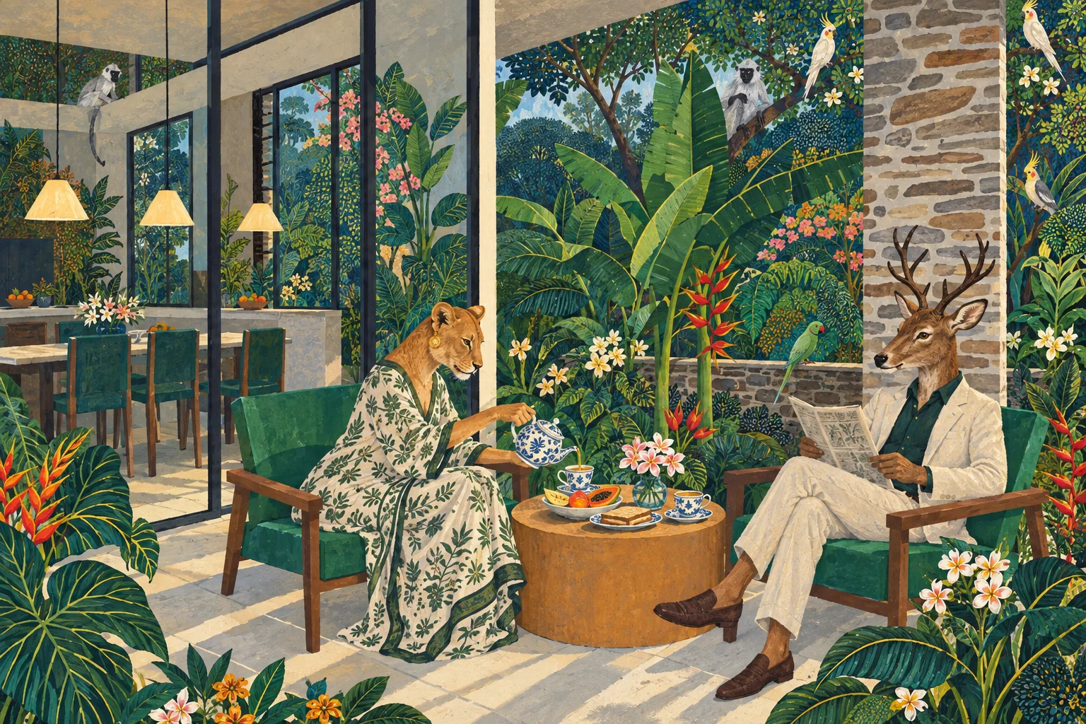 A painted scene: breakfast on the verandah, a guest pouring tea and another reading the paper among banana leaves and frangipani