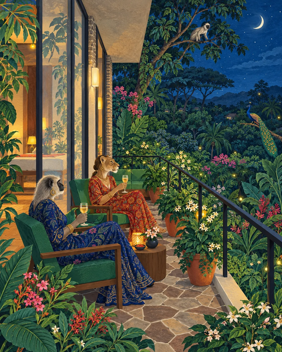 A painted scene: two guests on the first floor terrace at dusk with lamps lit, fireflies and a crescent moon over the forest