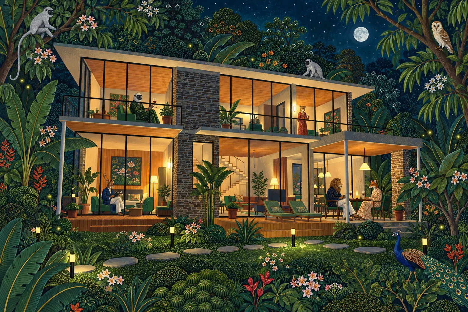 A painted scene: the villa glowing from every window at night under a full moon, garden lamps along the stepping stones, the forest awake around it