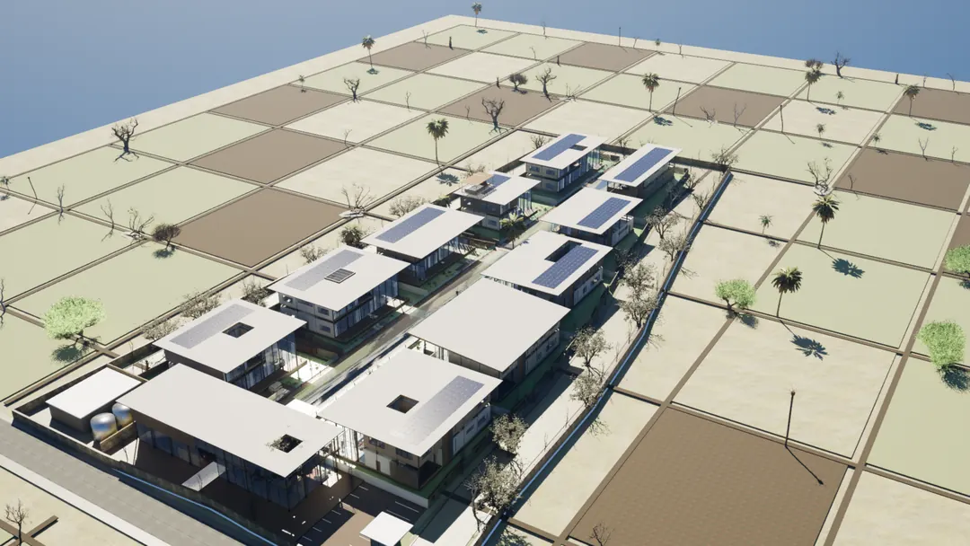 Design visualisation: Swimming in Copenhagen from the air, ten villas along the water among the fields.