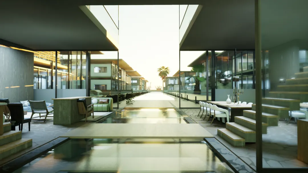 Design visualisation: the arrival court of Swimming in Copenhagen at evening, a line of water between the villas.